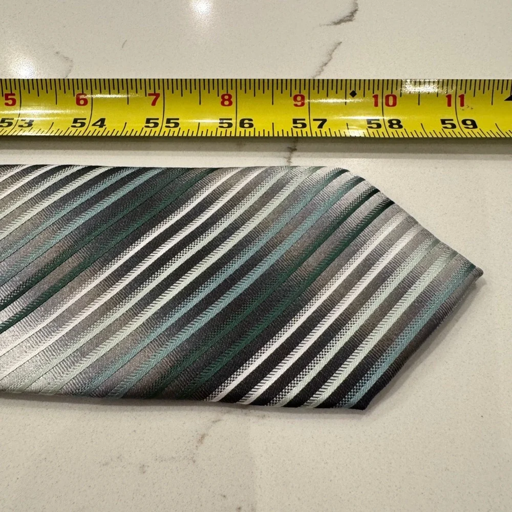 Van Heusen Mens Necktie Grey Green White Diagonal Striped Microfiber Tie